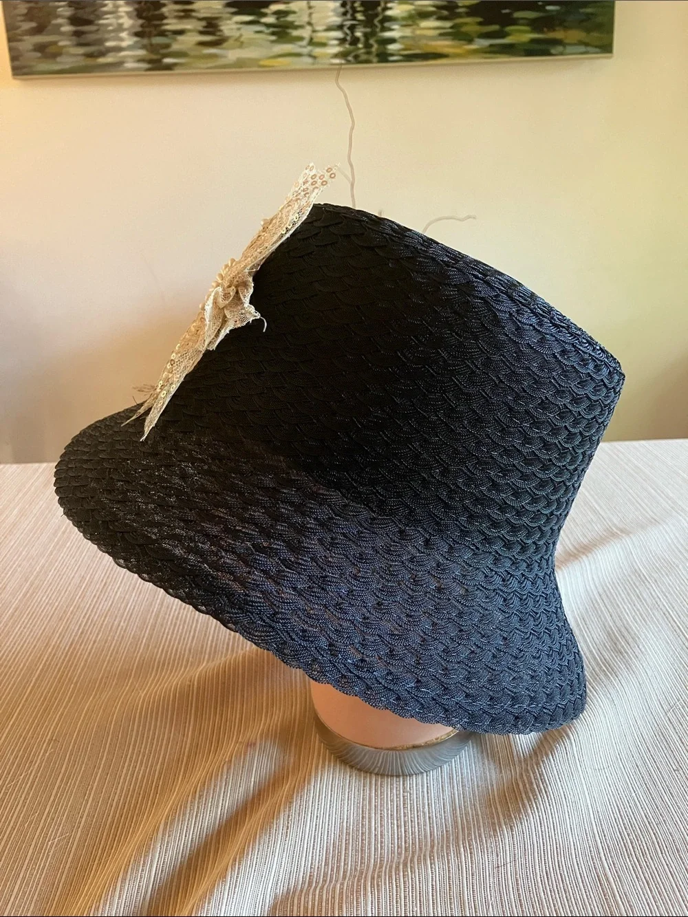 Black Bucket Hat with Gold Floral Sequin Accent